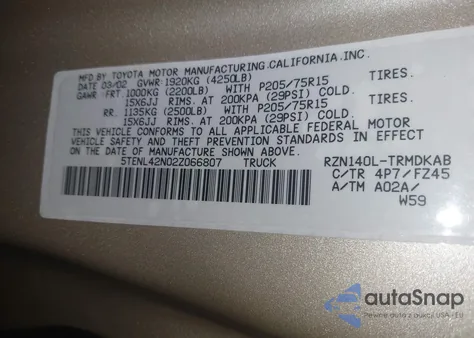 2002 Toyota Tacoma from USA, damaged, VIN 5TENL42N02Z066807